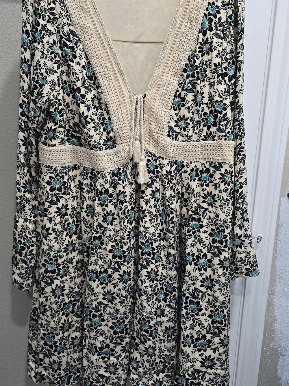Torrid Cream Floral Peasant Dress with Teal Accents